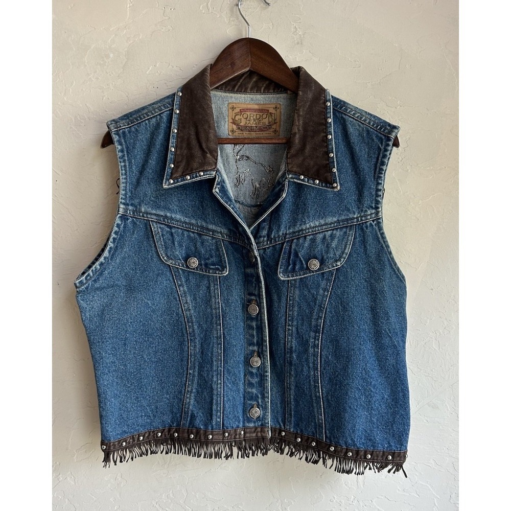 Vintage Gordon James Denim Vest XL Horse Fringe Studded Cowgirl Western Boho